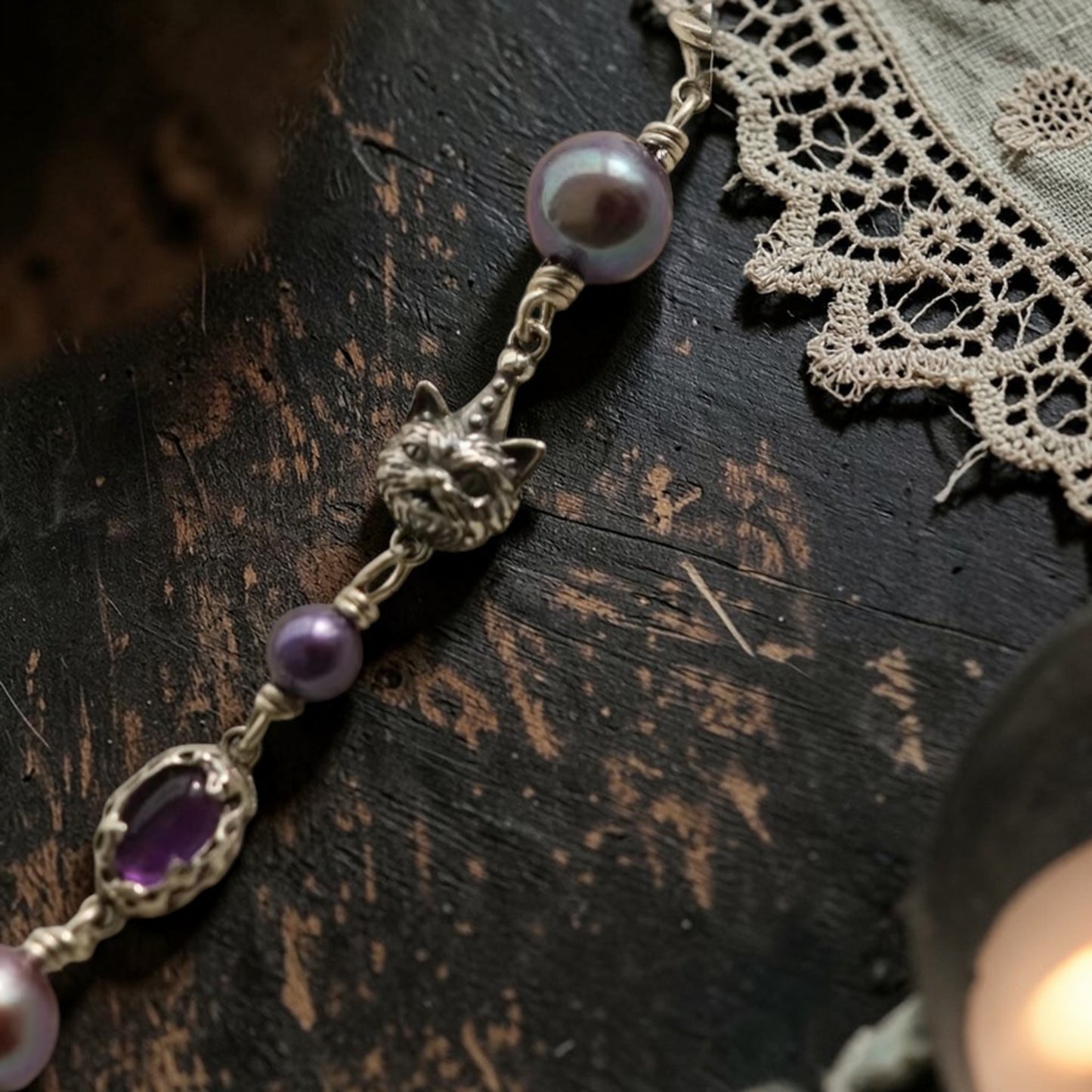 S925 Sterling Silver Cat Starlight Bone Lava Element Vintage Gemstone Pearl Bracelet