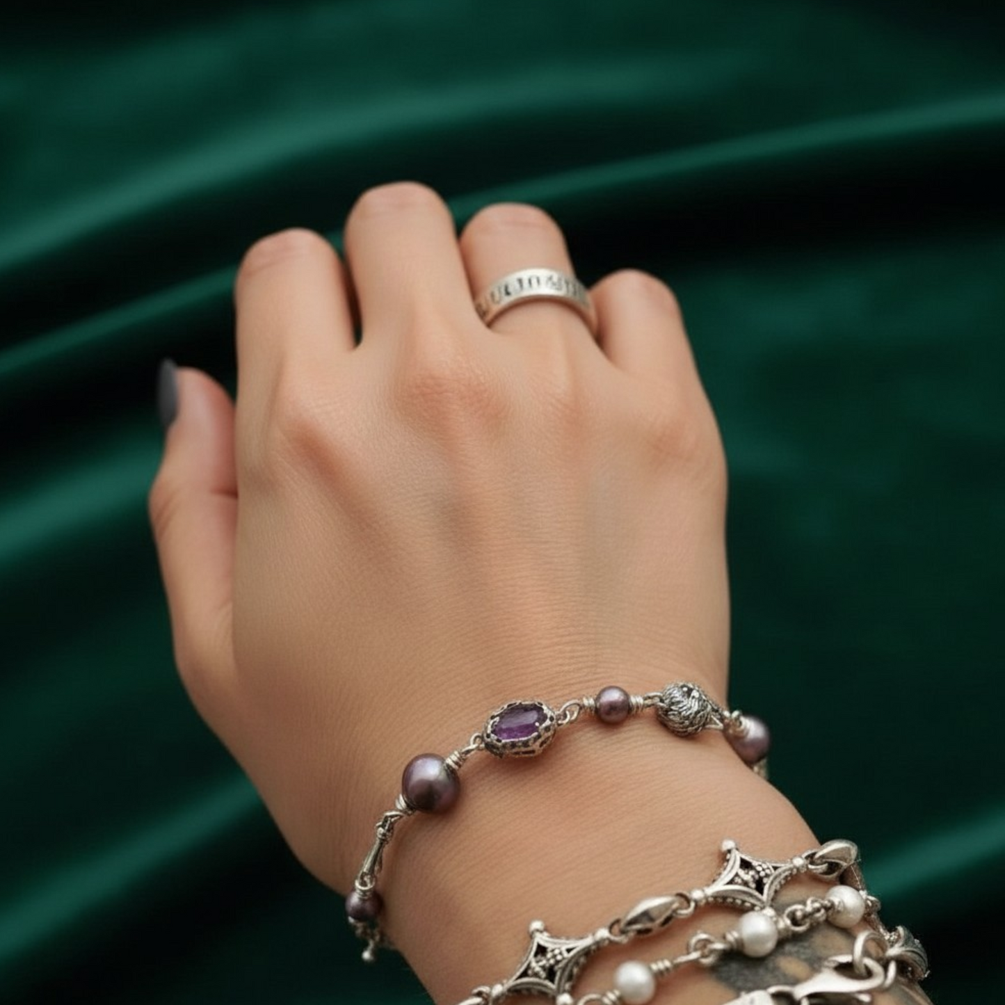 S925 Sterling Silver Cat Starlight Bone Lava Element Vintage Gemstone Pearl Bracelet