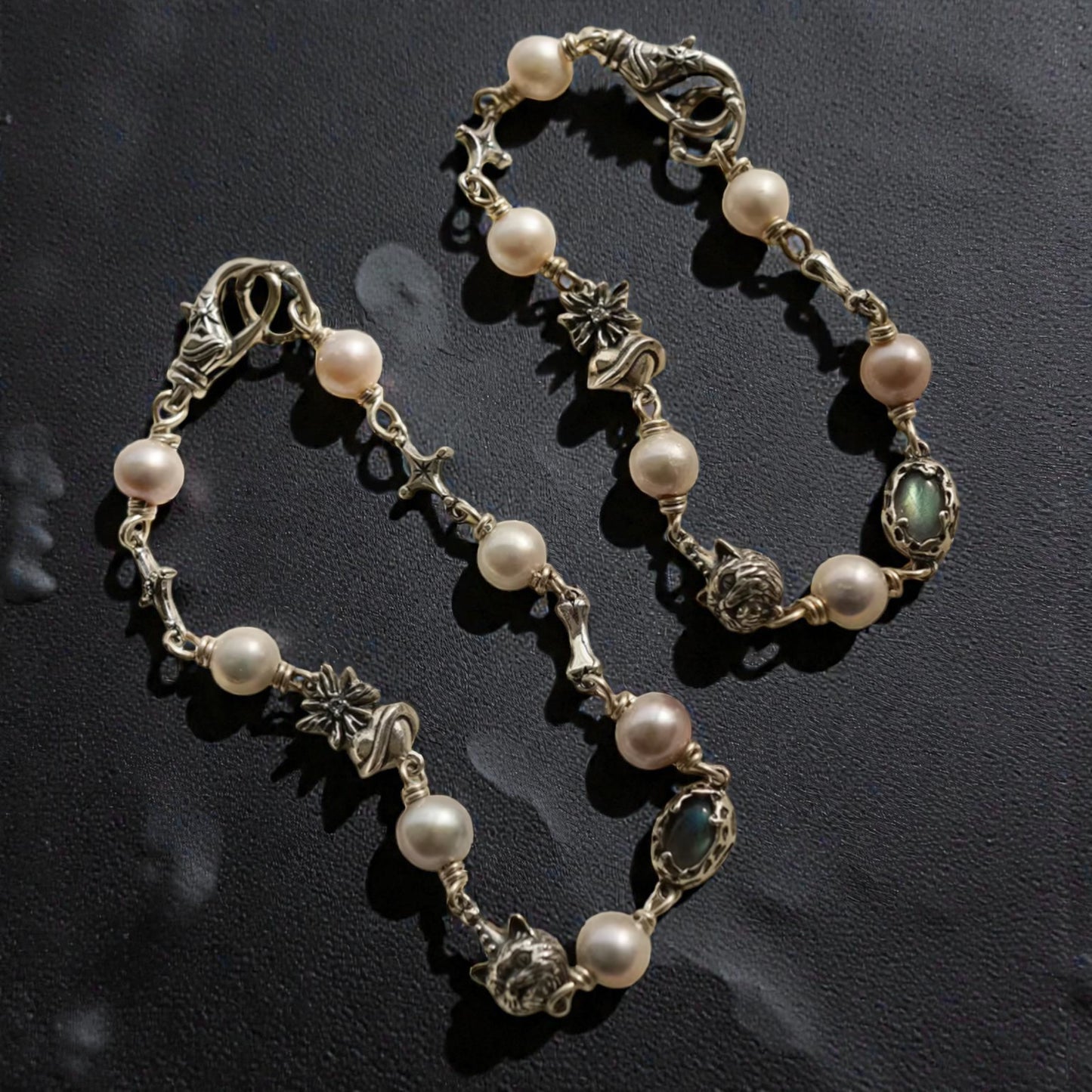 S925 Sterling Silver Cat Starlight Bone Lava Element Vintage Gemstone Pearl Bracelet