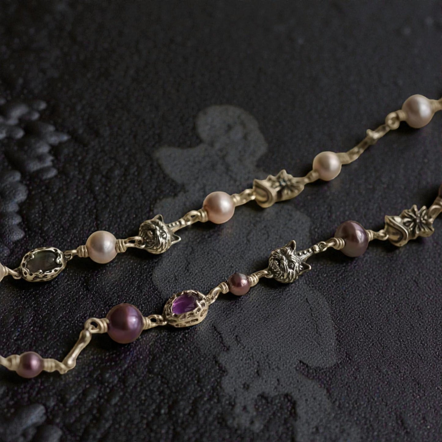 S925 Sterling Silver Cat Starlight Bone Lava Element Vintage Gemstone Pearl Bracelet