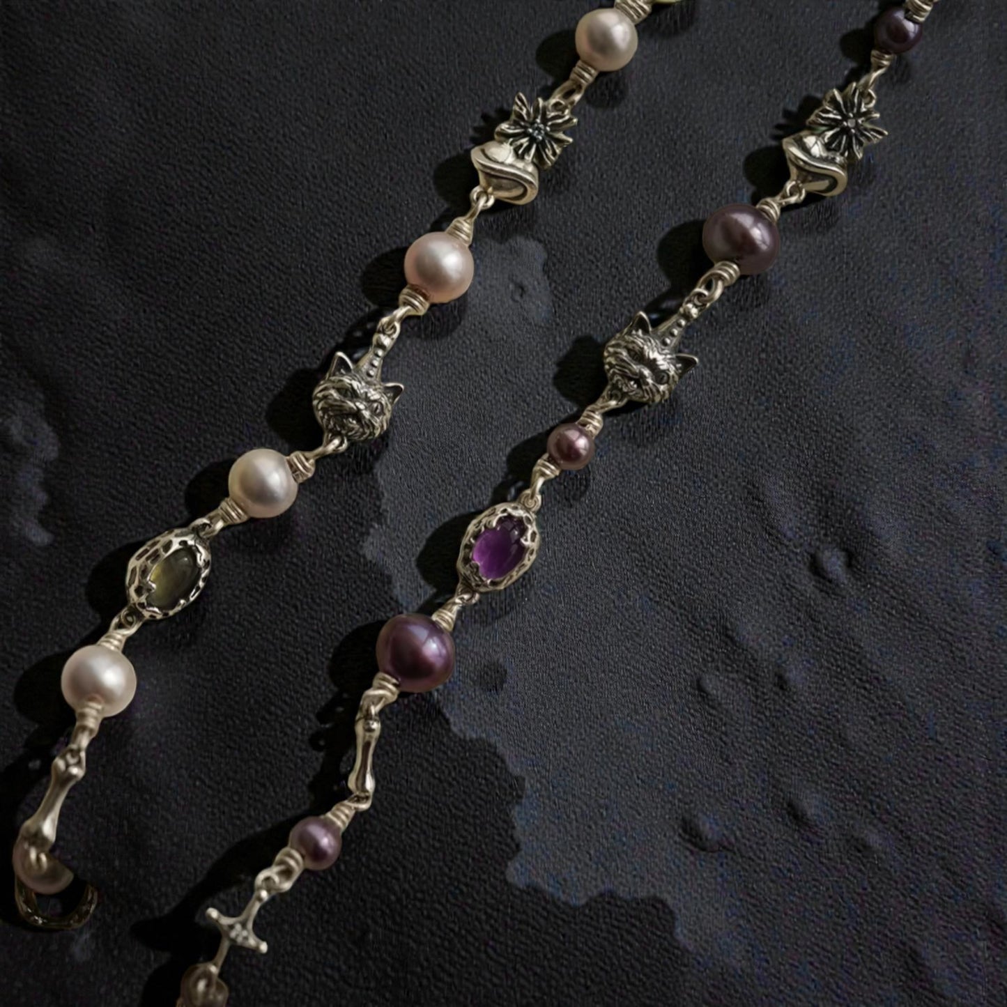 S925 Sterling Silver Cat Starlight Bone Lava Element Vintage Gemstone Pearl Bracelet