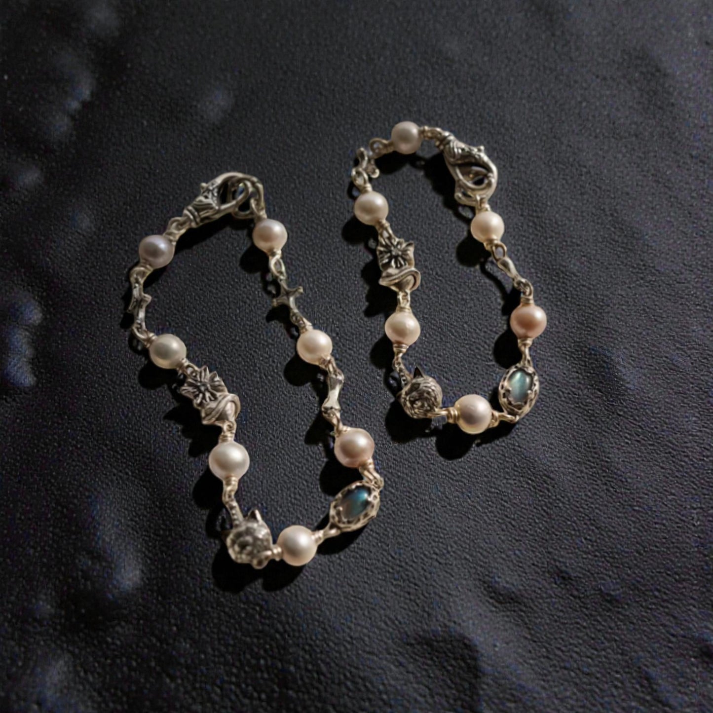 S925 Sterling Silver Cat Starlight Bone Lava Element Vintage Gemstone Pearl Bracelet