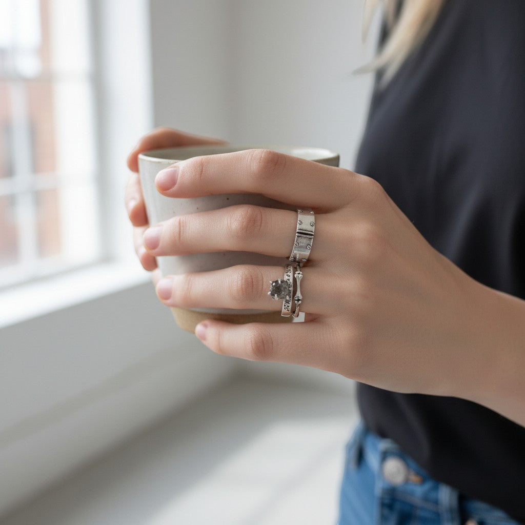 S925 Sterling Silver Meteor Hammer Chain Element Stacking Ring
