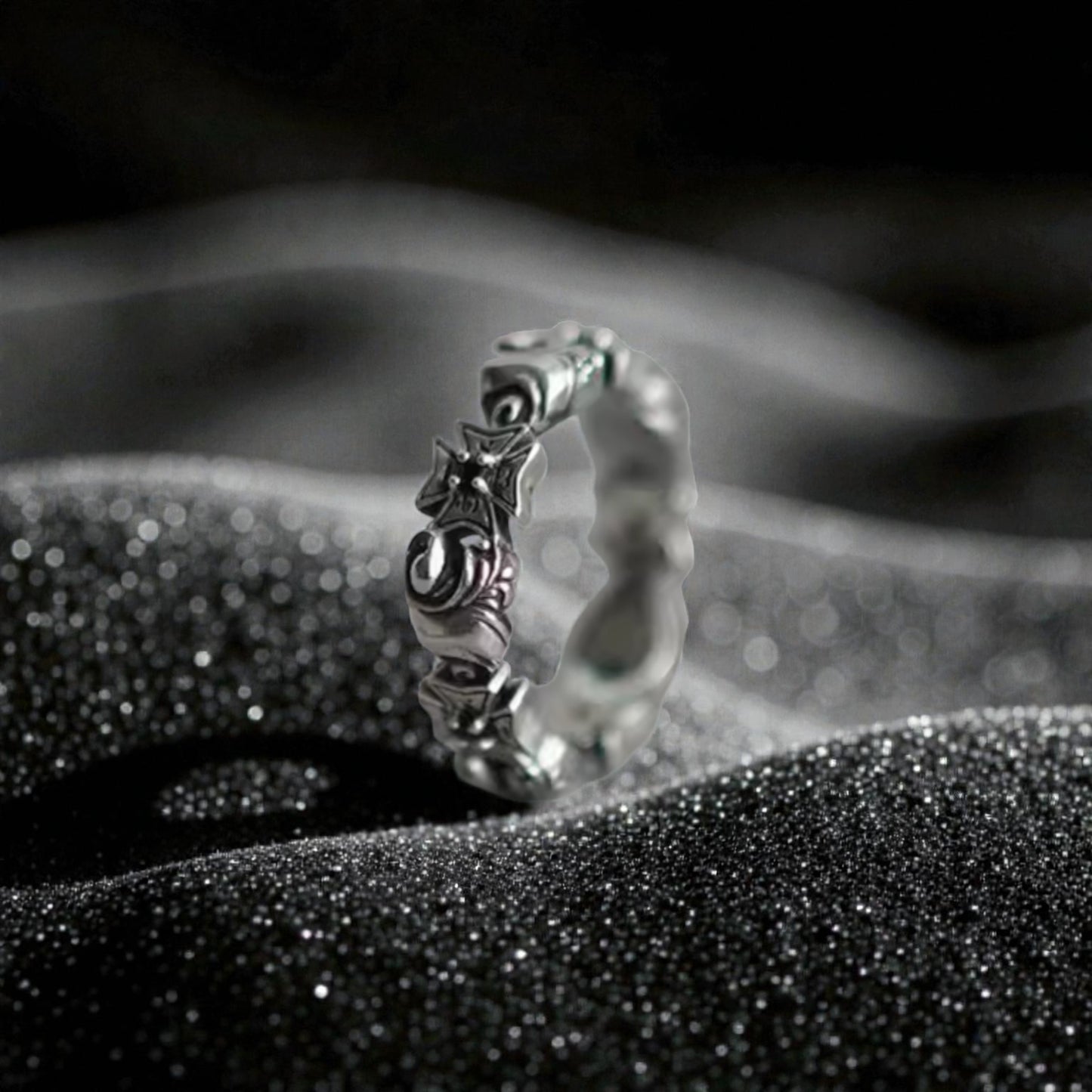 S925 Sterling Silver Vintage Natural amethyst Planet & Ocean Wave Scroll Pattern Ring