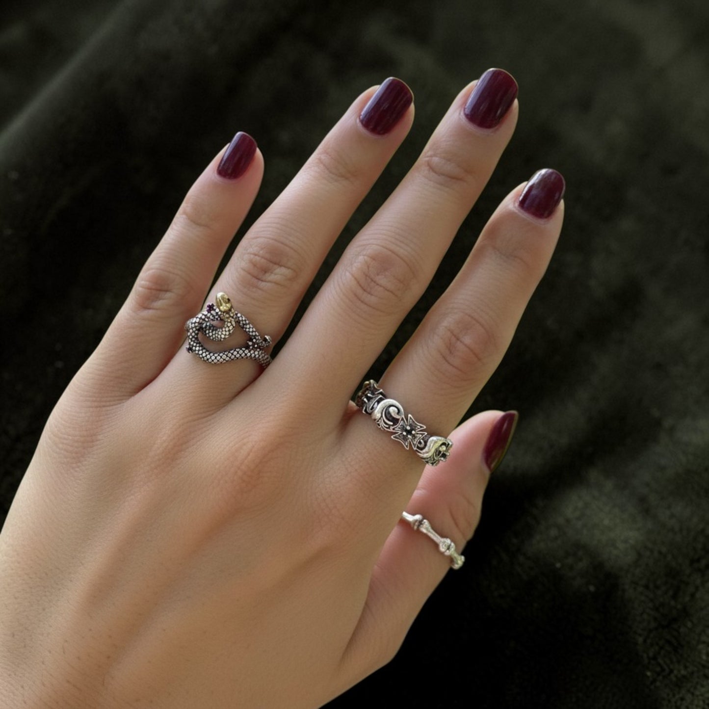 S925 Sterling Silver Vintage Natural amethyst Planet & Ocean Wave Scroll Pattern Ring