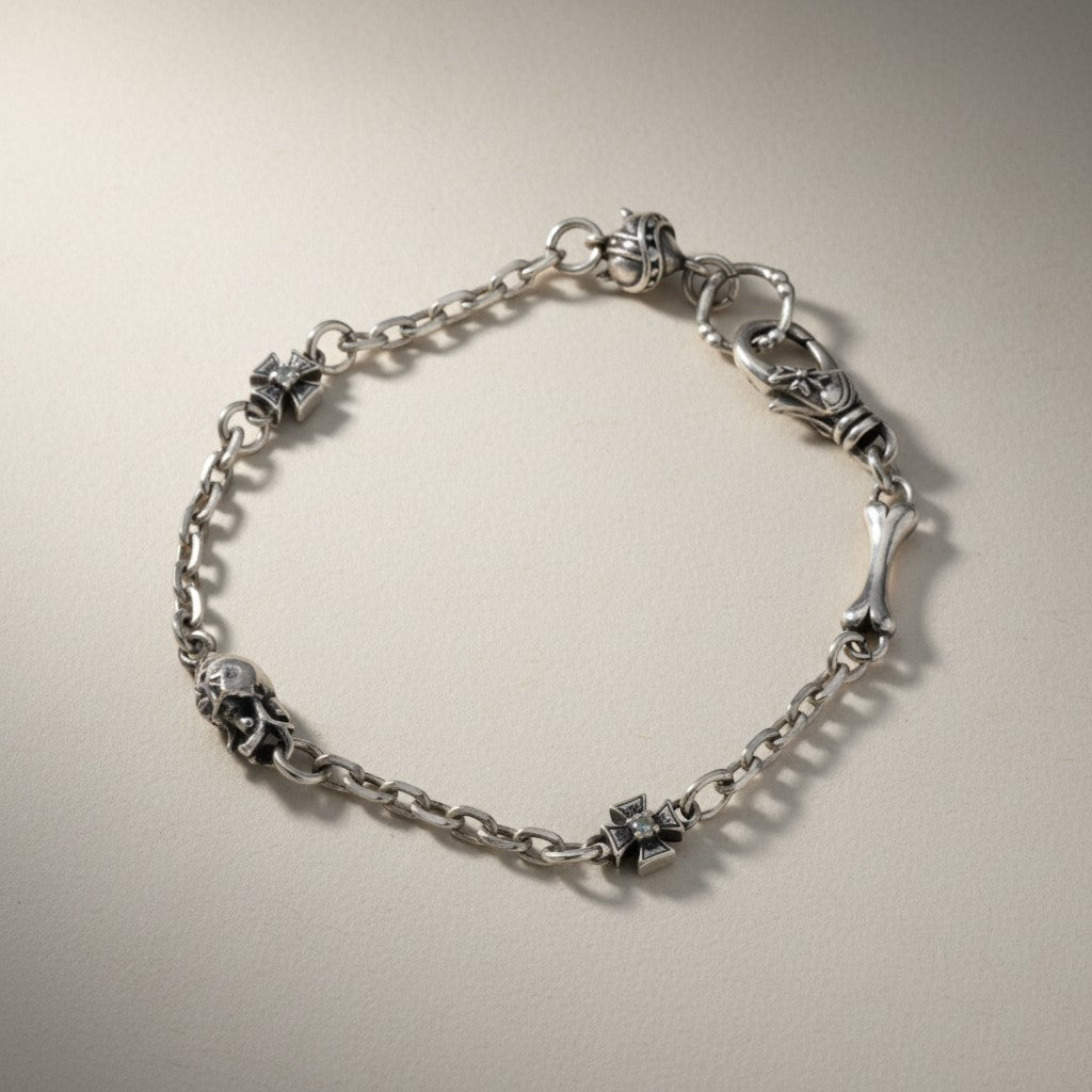 S925 Sterling Silver Heart Demon Bone Cross Element Bracelet