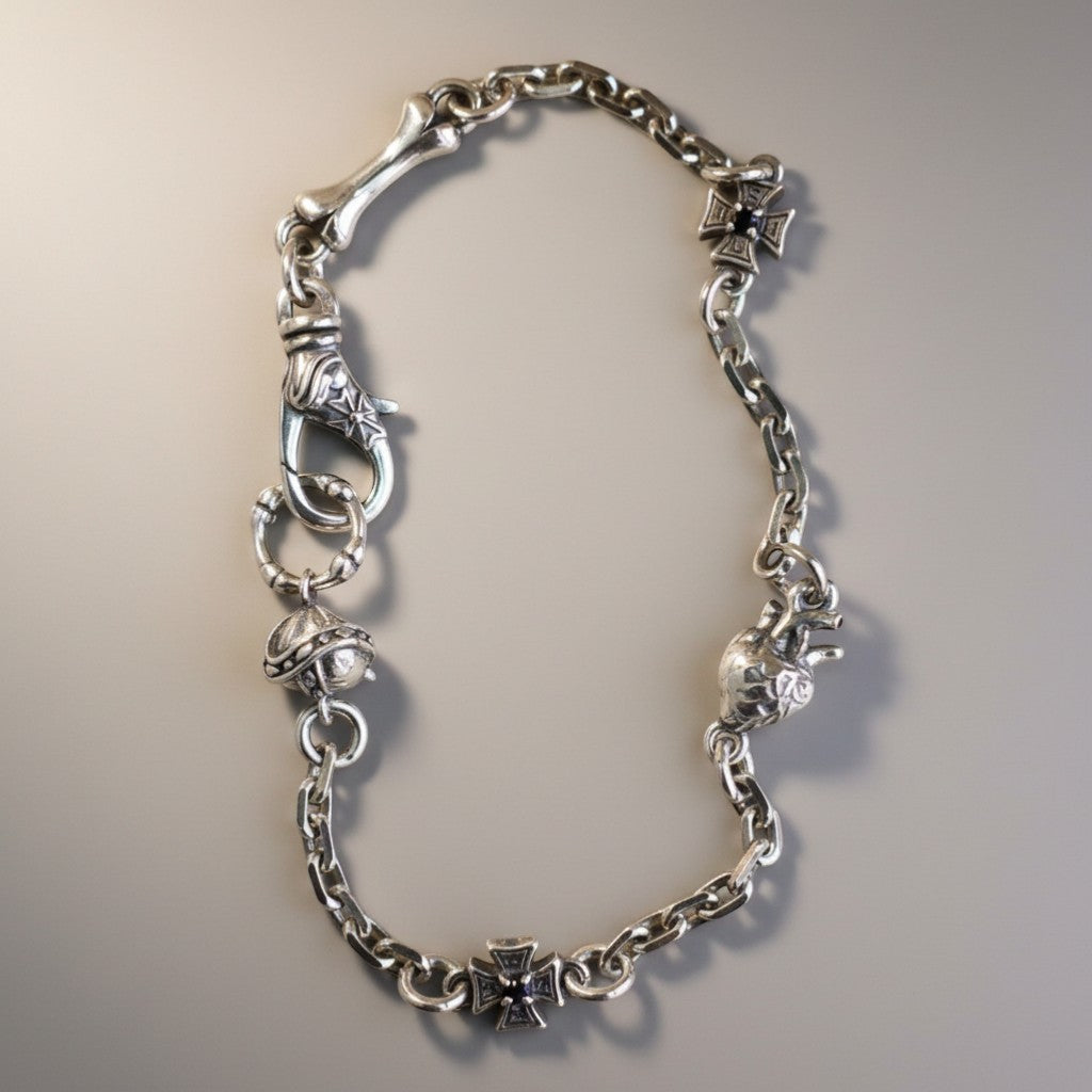 S925 Sterling Silver Heart Demon Bone Cross Element Bracelet