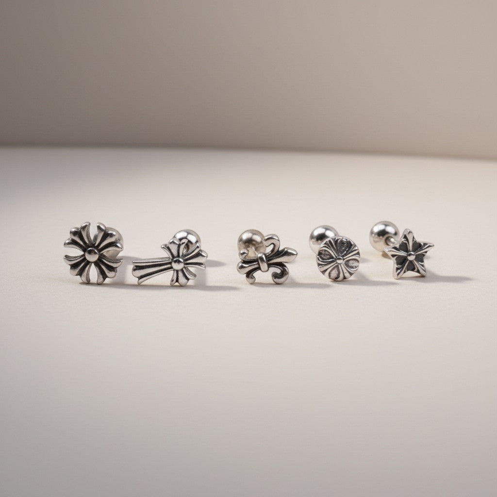 S925 Sterling Silver Vintage Unisex Star Cross Screw Cartilage Earrings