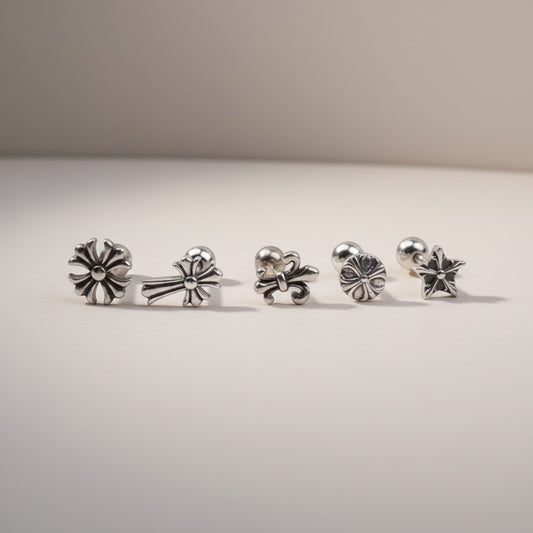 S925 Sterling Silver Vintage Unisex Star Cross Screw Cartilage Earrings