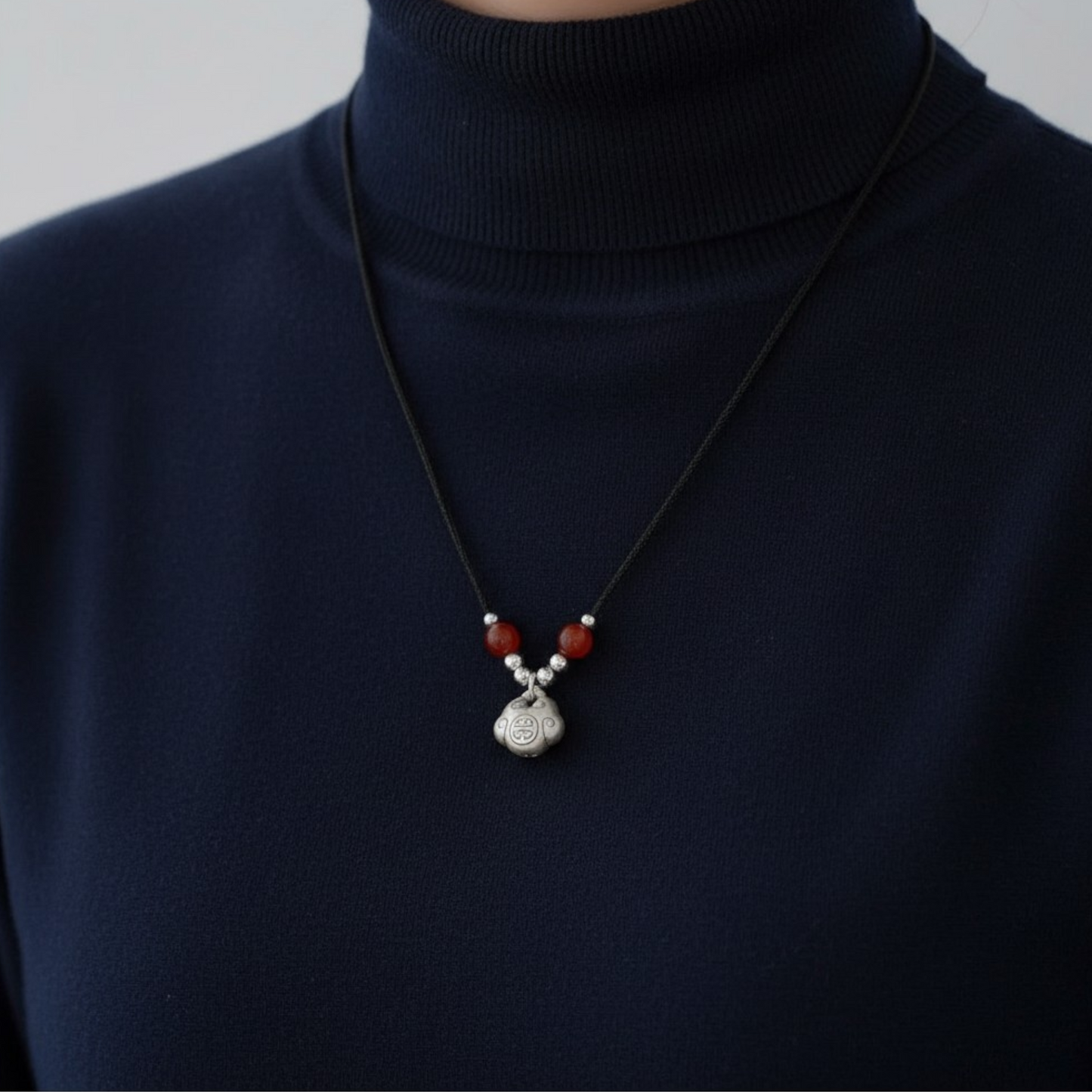 S999 Silver Vintage Chinese Safety Lock Rope Necklace