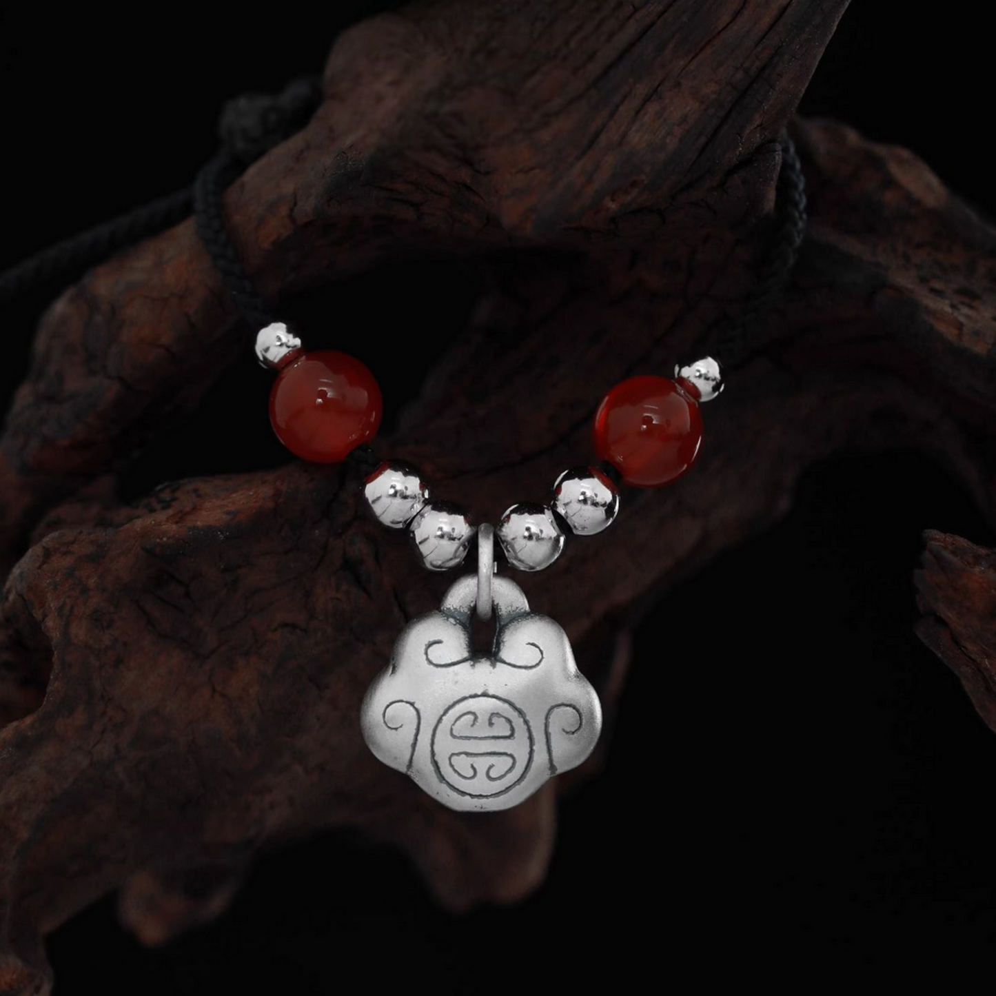 S999 Silver Vintage Chinese Safety Lock Rope Necklace