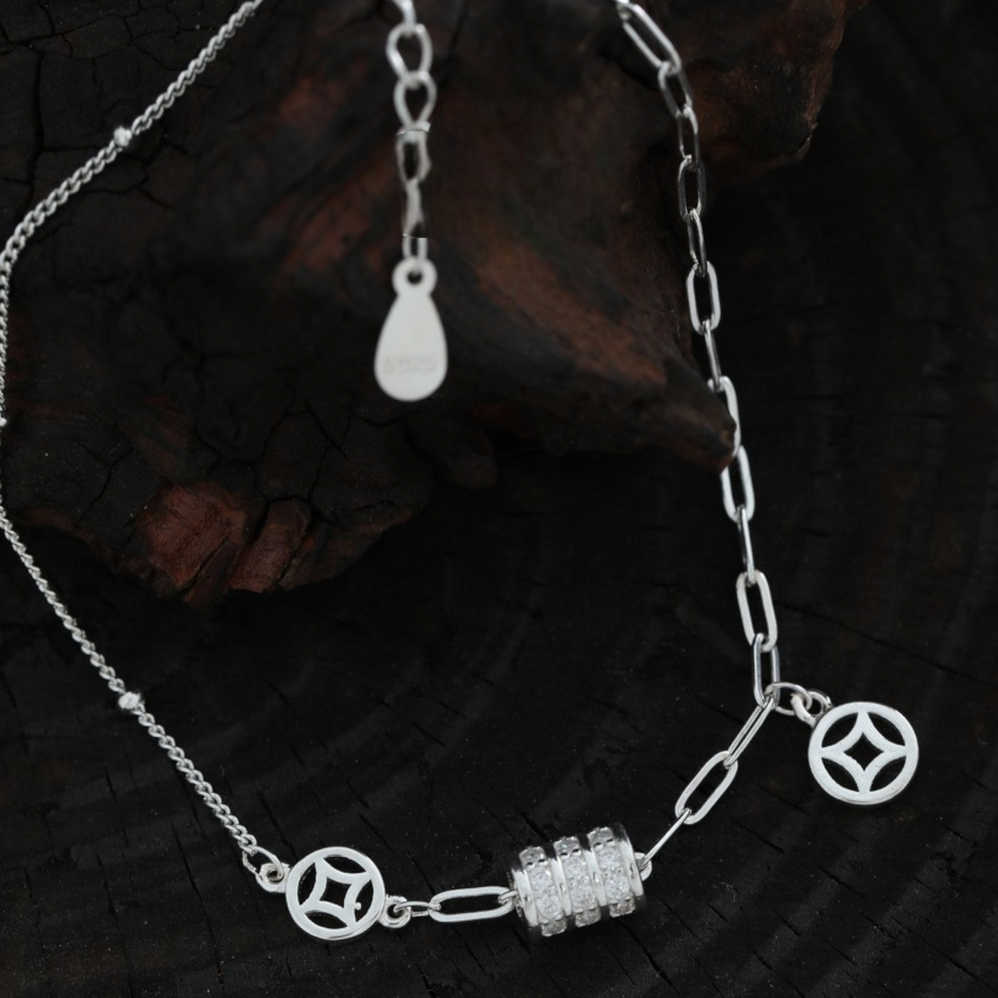 s925 Sterling Silver Chinese Coin Charm Bracelet