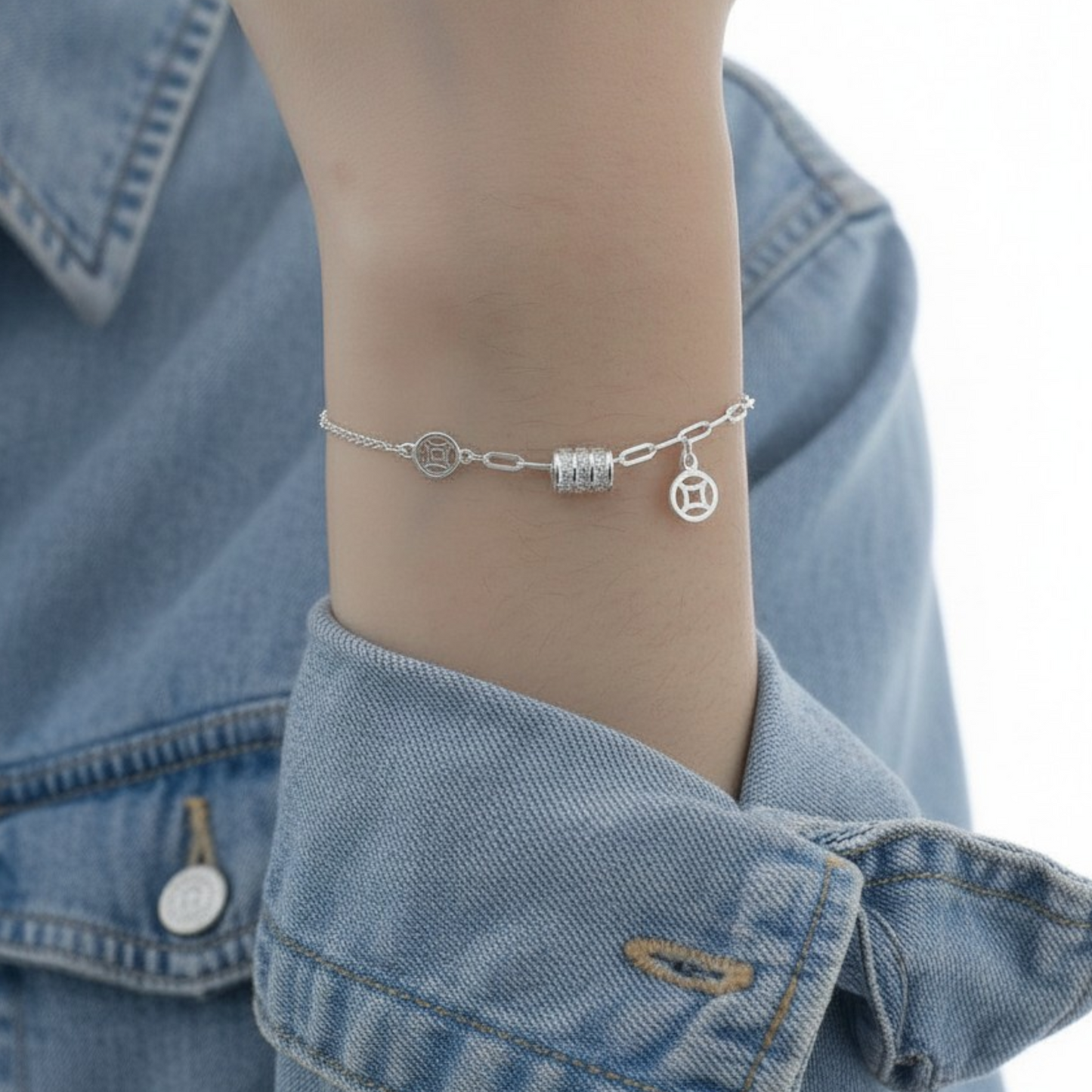 s925 Sterling Silver Chinese Coin Charm Bracelet