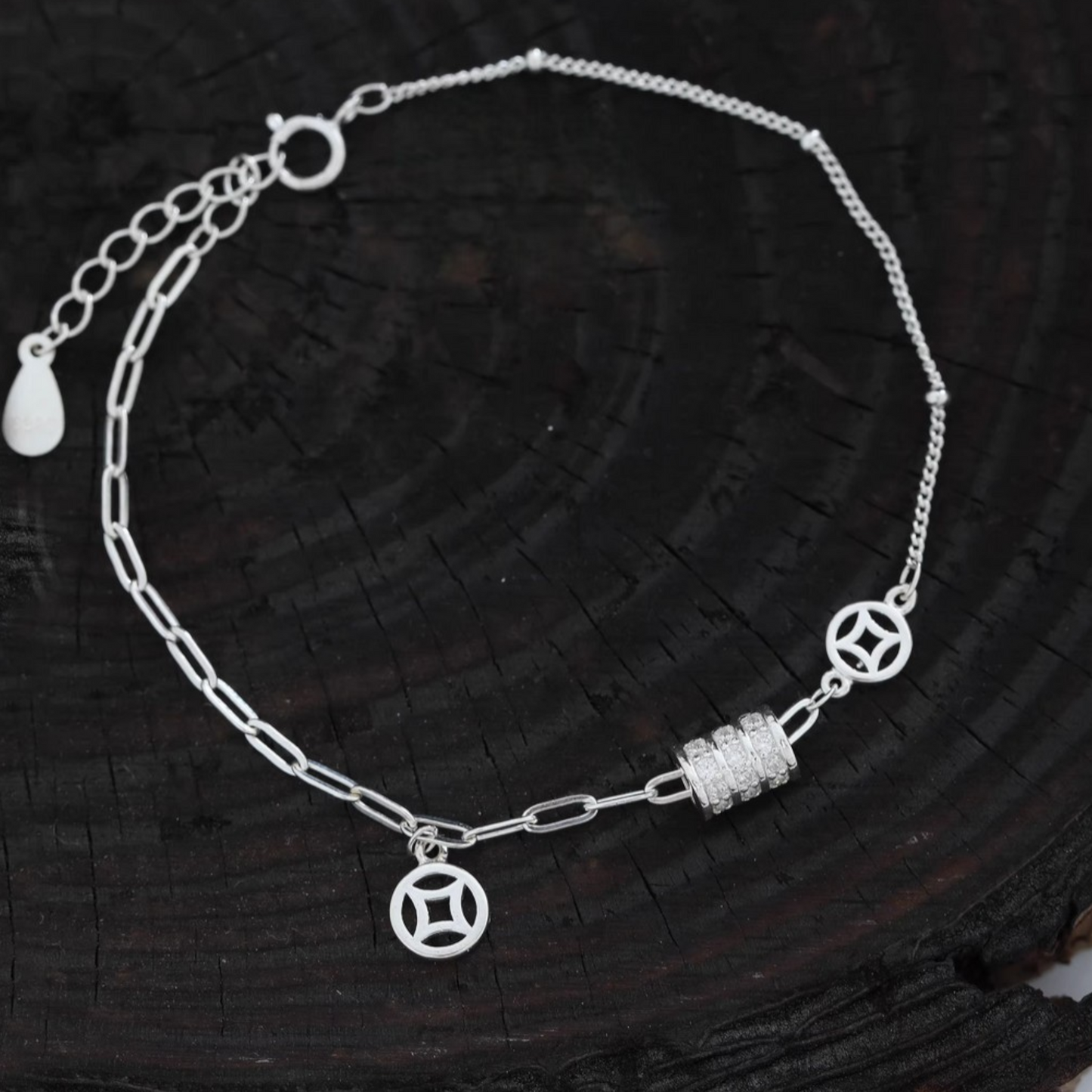 s925 Sterling Silver Chinese Coin Charm Bracelet