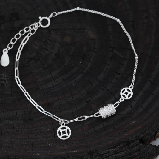 s925 Sterling Silver Chinese Coin Charm Bracelet