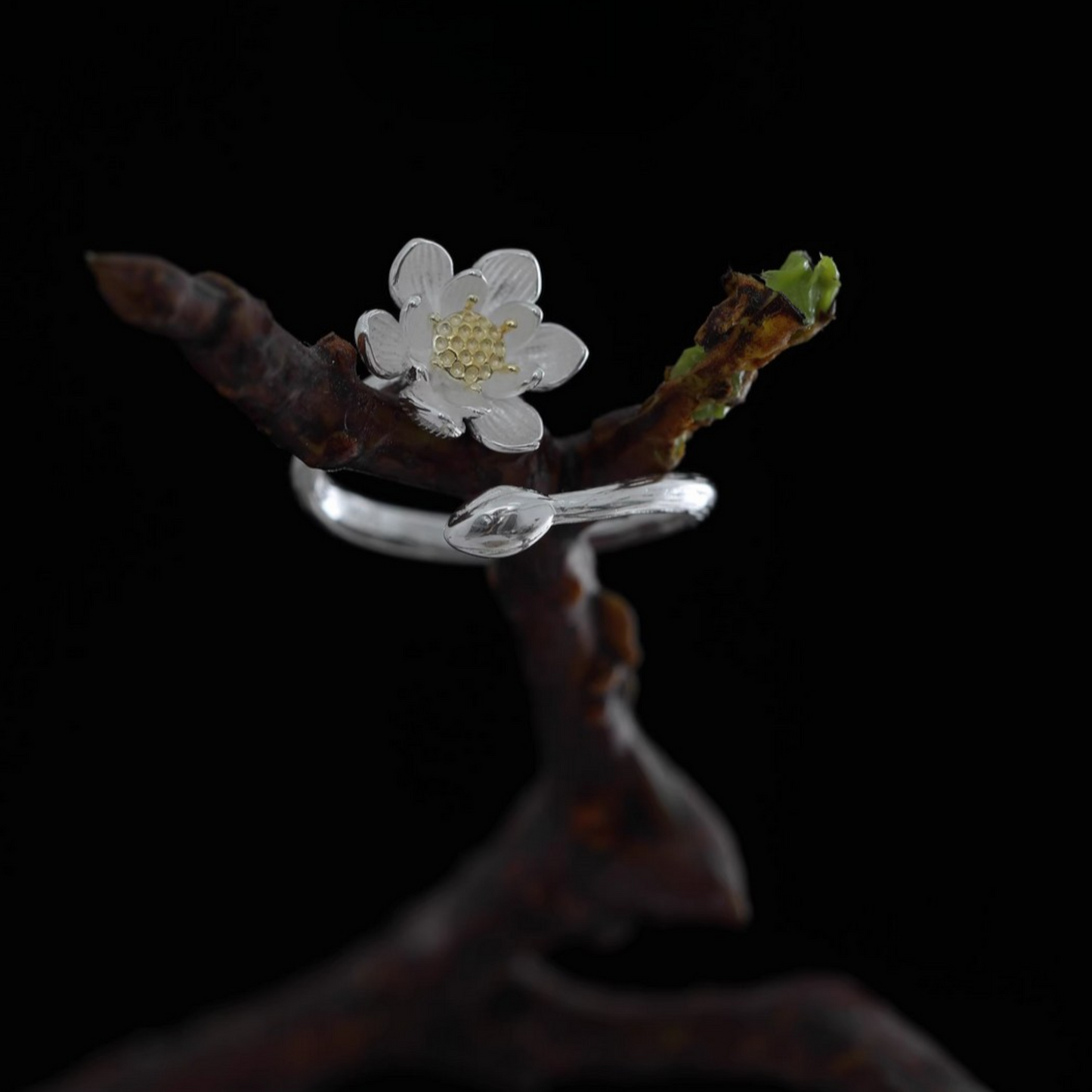s925 Solid Sterling Silver Lotus Cherry Blossom Asian Style Ring