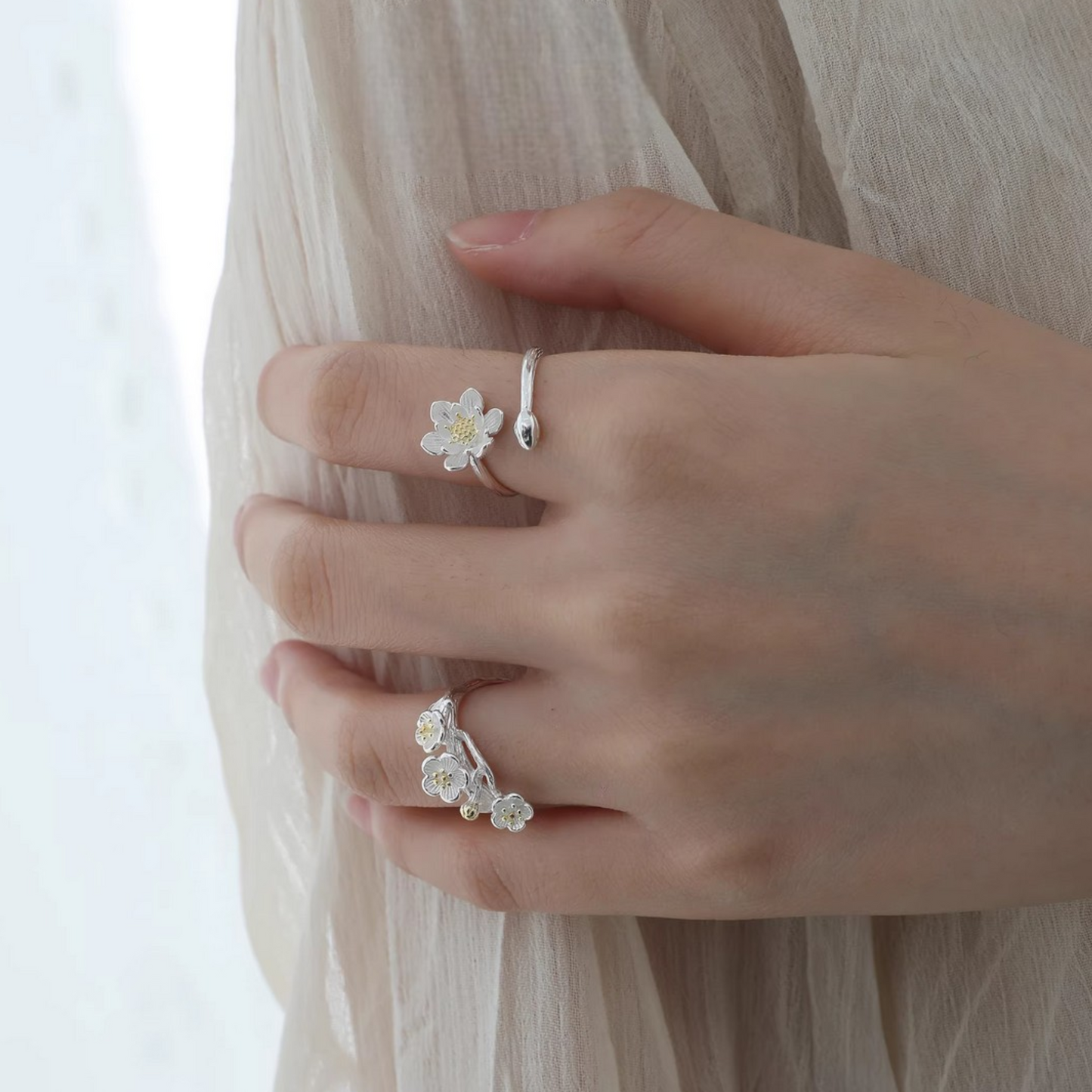 s925 Solid Sterling Silver Lotus Cherry Blossom Asian Style Ring