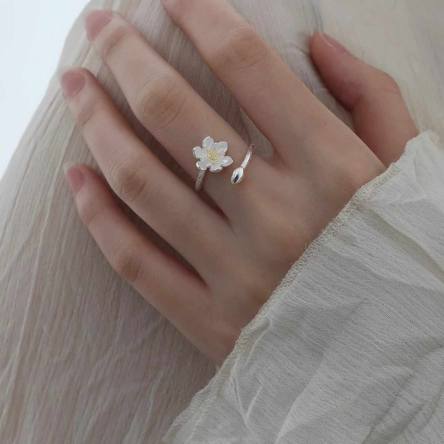 s925 Solid Sterling Silver Lotus Cherry Blossom Asian Style Ring