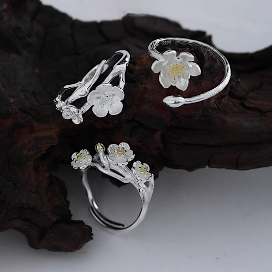 s925 Solid Sterling Silver Lotus Cherry Blossom Asian Style Ring