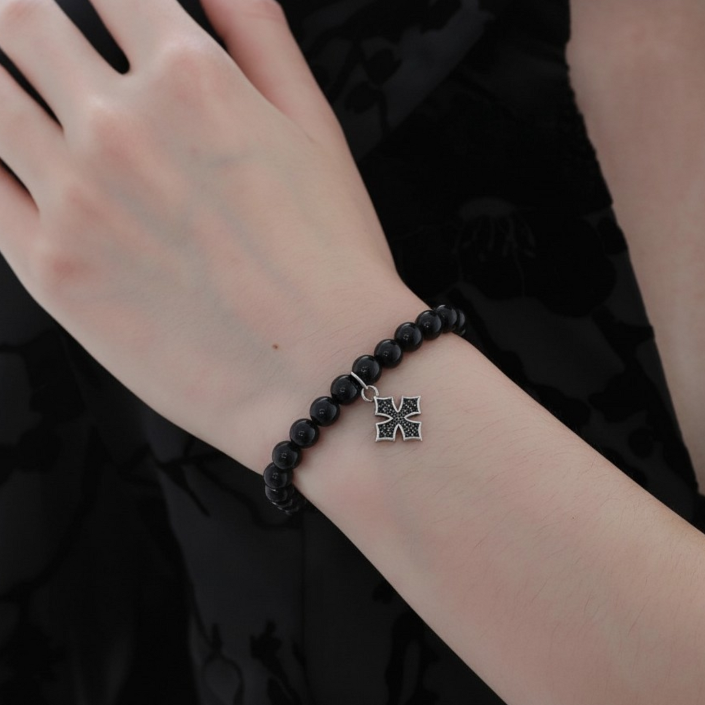 s925 Sterling Silver Black Agate Bracelet Cross Charm Unisex