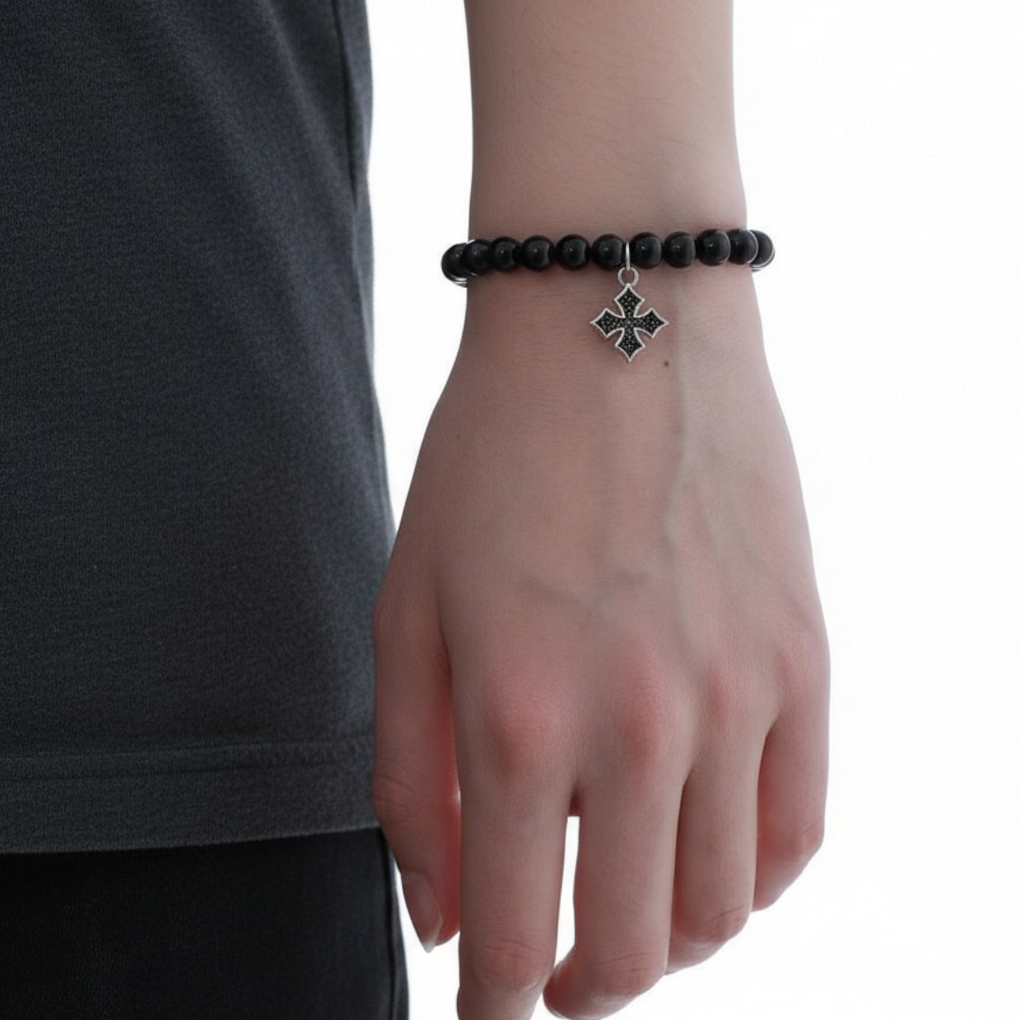 s925 Sterling Silver Black Agate Bracelet Cross Charm Unisex