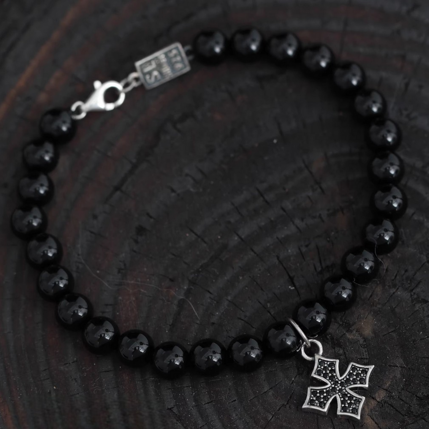 s925 Sterling Silver Black Agate Bracelet Cross Charm Unisex
