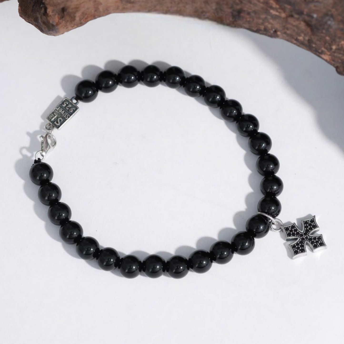 s925 Sterling Silver Black Agate Bracelet Cross Charm Unisex