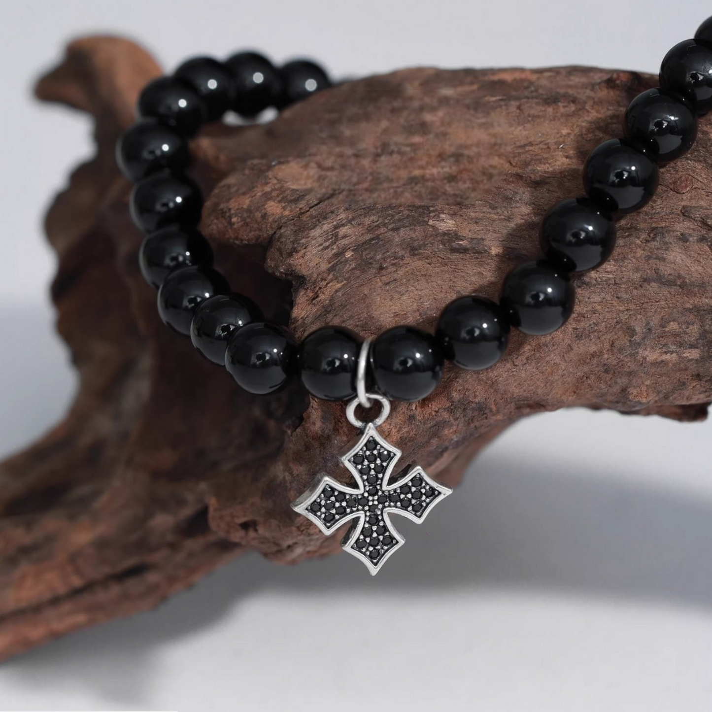 s925 Sterling Silver Black Agate Bracelet Cross Charm Unisex