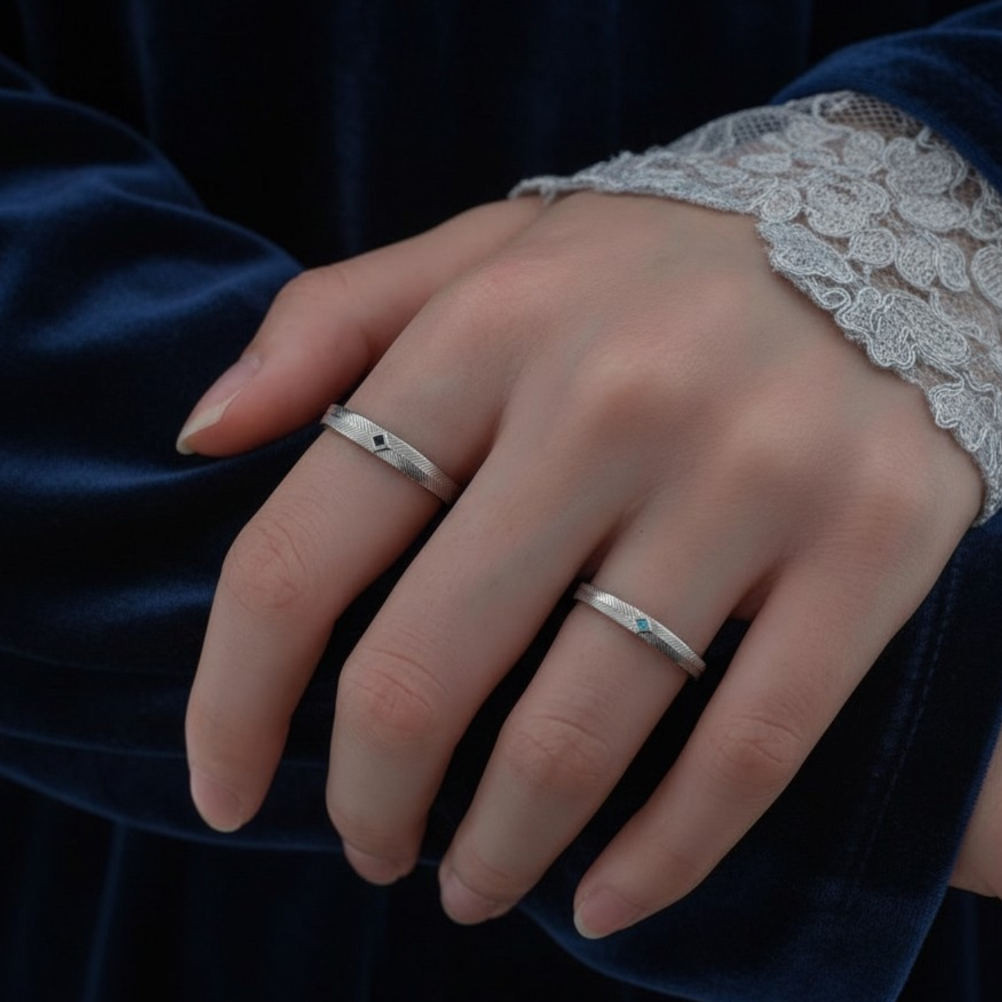 s925 Sterling Silver Ocean Blue Sapphire Pattern Couple Ring Band