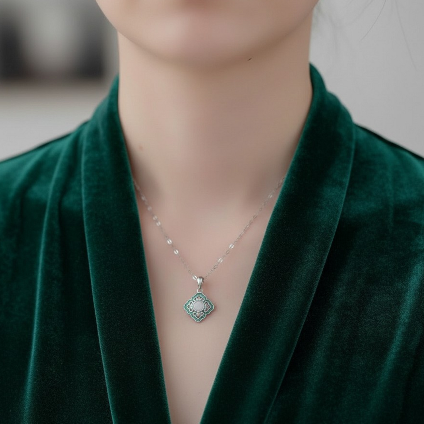 s925 Sterling Silver Four Leaf Clover Asian Style Pendant Necklace
