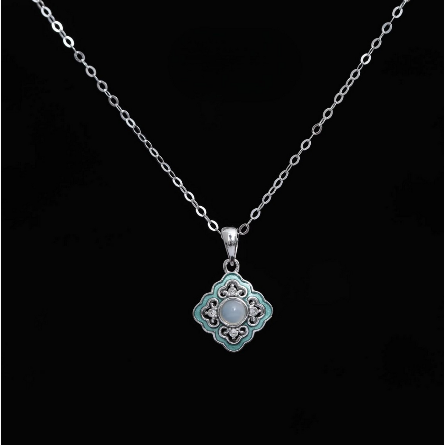s925 Sterling Silver Four Leaf Clover Asian Style Pendant Necklace
