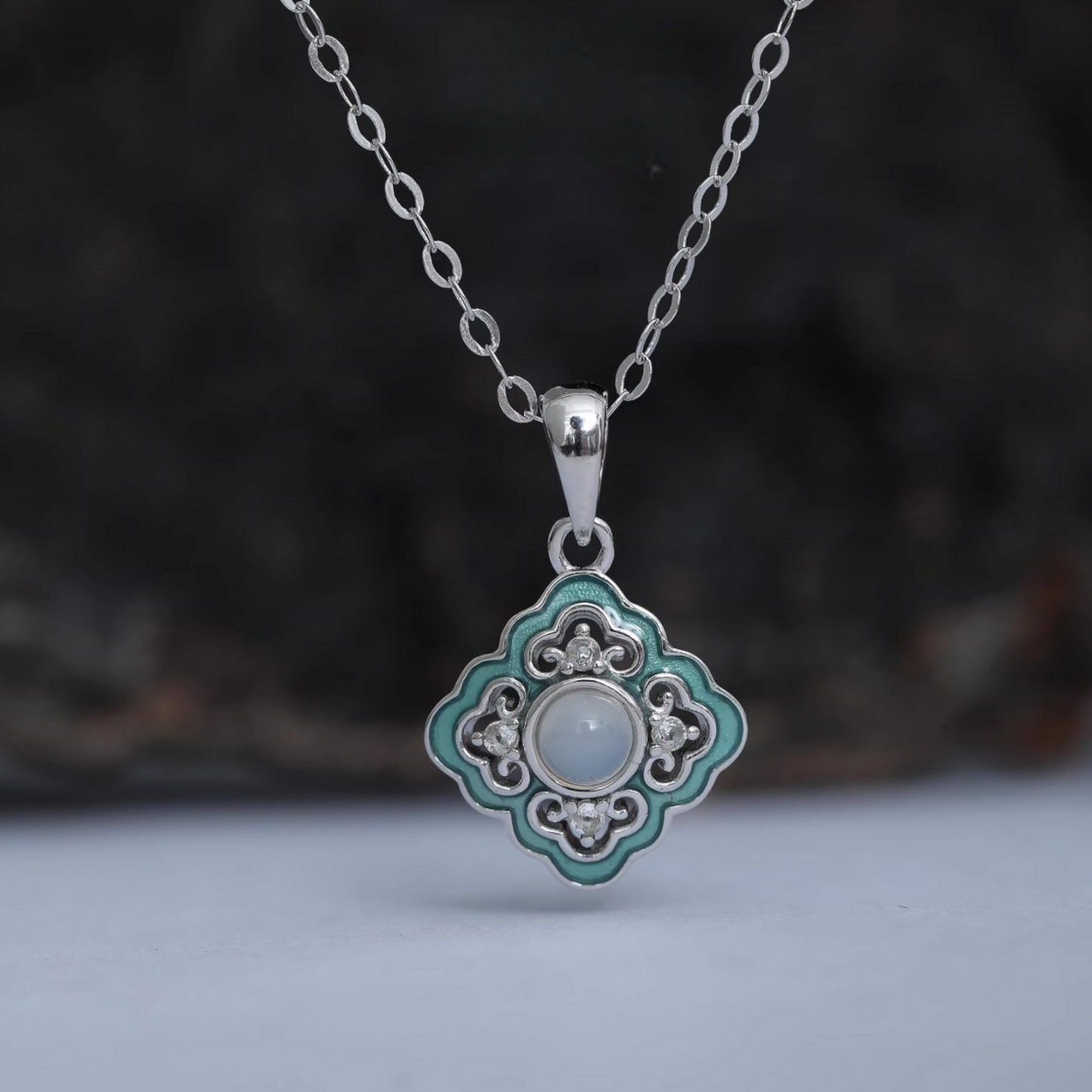 s925 Sterling Silver Four Leaf Clover Asian Style Pendant Necklace