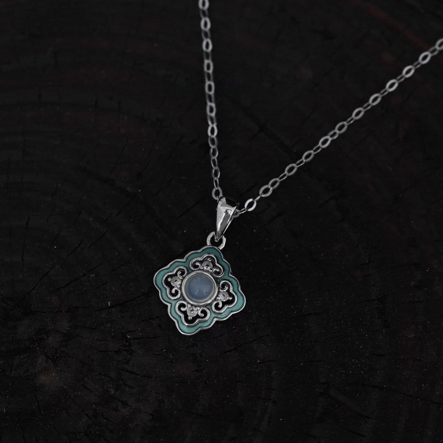 s925 Sterling Silver Four Leaf Clover Asian Style Pendant Necklace