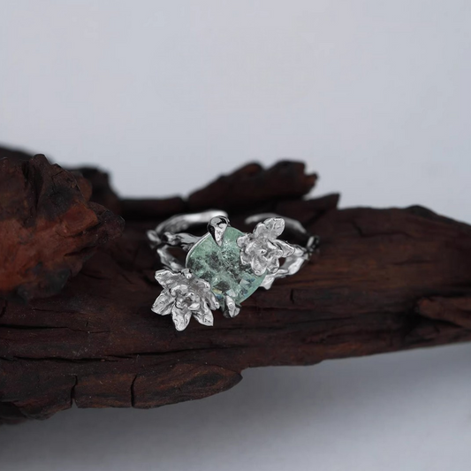 Solid s925 Sterling Silver Jasmine Flower Mint Stone Floral Ring