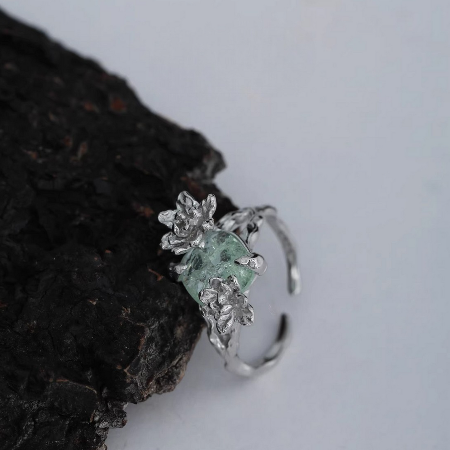 Solid s925 Sterling Silver Jasmine Flower Mint Stone Floral Ring