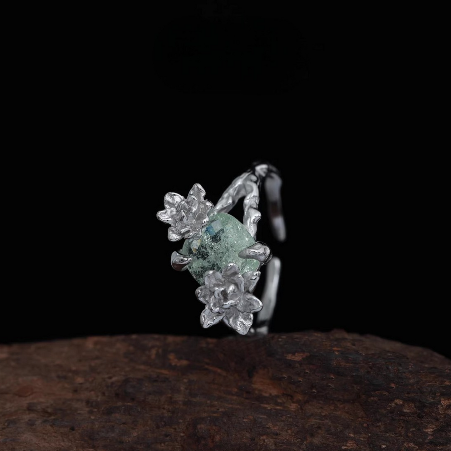 Solid s925 Sterling Silver Jasmine Flower Mint Stone Floral Ring