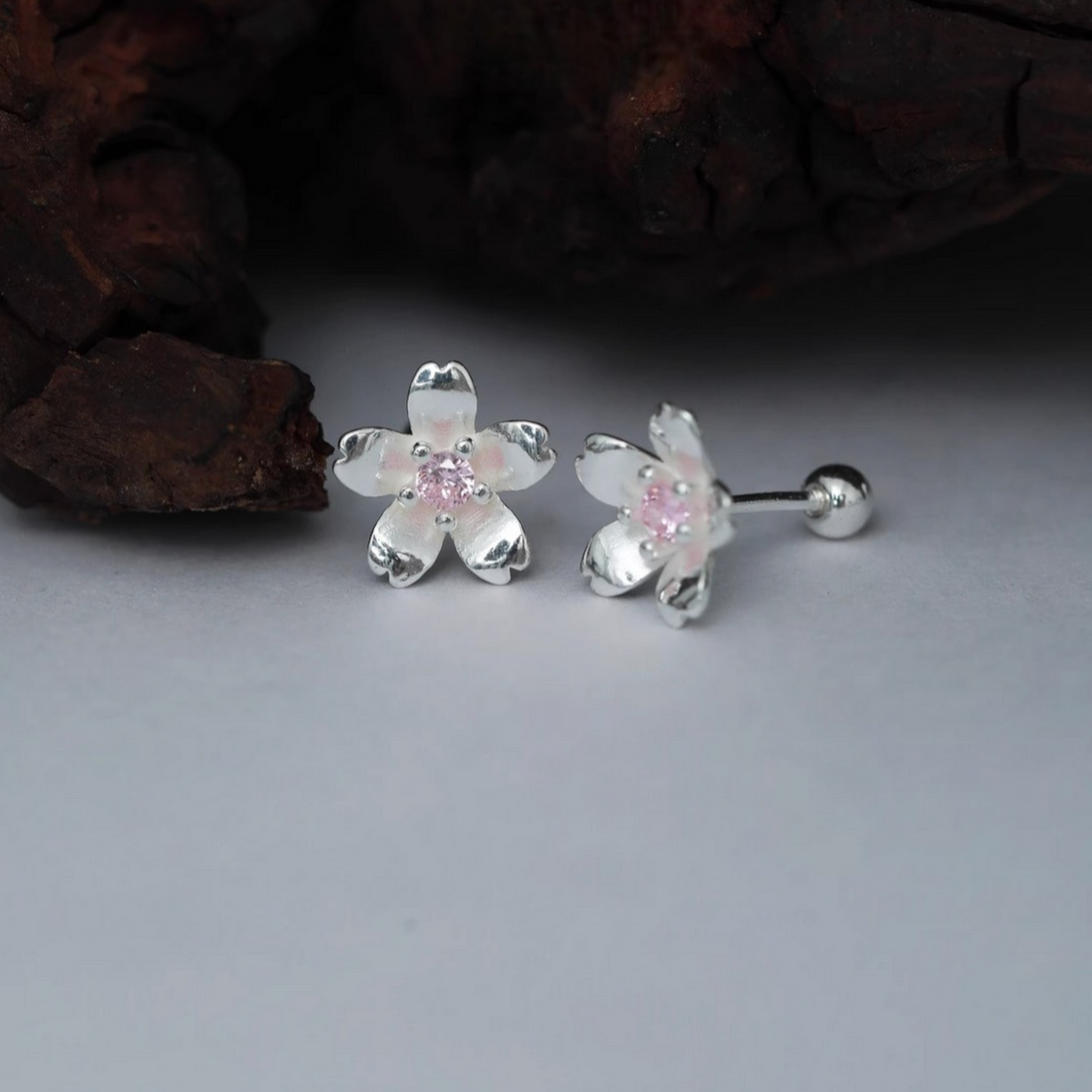 s999 Pure Silver Cherry Blossom Flower Screw Back Earrings