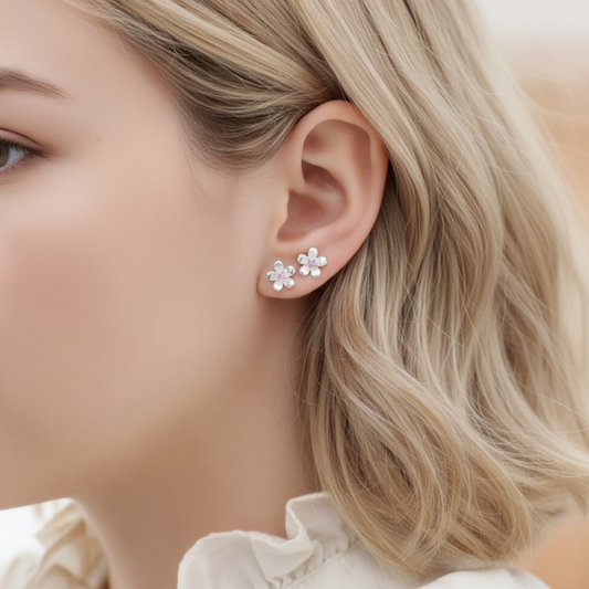 s999 Pure Silver Cherry Blossom Flower Screw Back Earrings