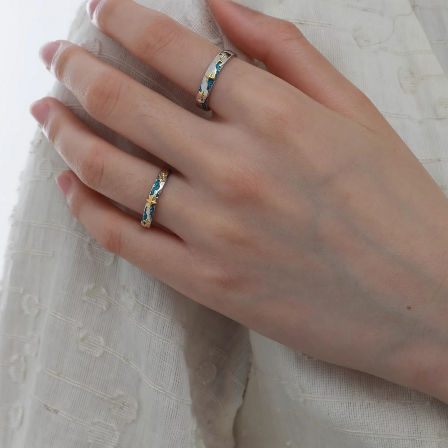 s999 Pure Silver Blue Ocean Stardust Couple Stacking Ring