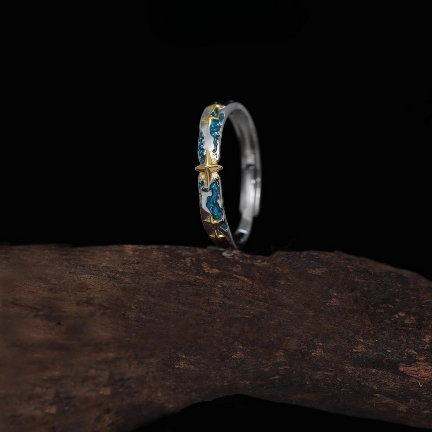 s999 Pure Silver Blue Ocean Stardust Couple Stacking Ring