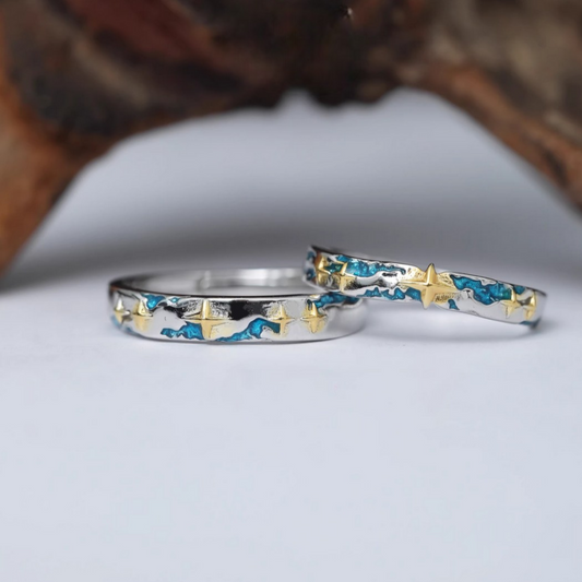 s999 Pure Silver Blue Ocean Stardust Couple Stacking Ring