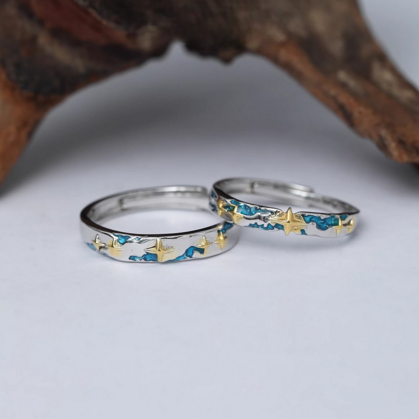 s999 Pure Silver Blue Ocean Stardust Couple Stacking Ring