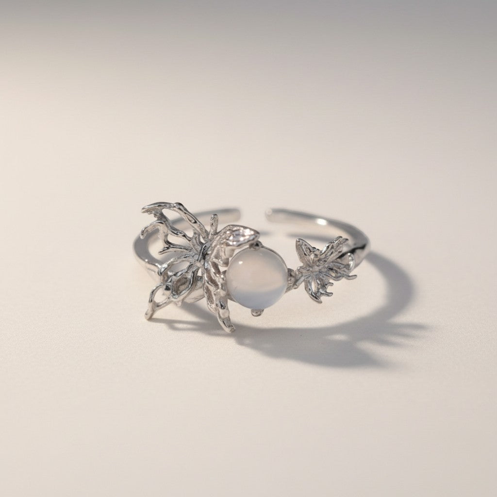 s925 Sterling Silver Butterfly White Agate Ring