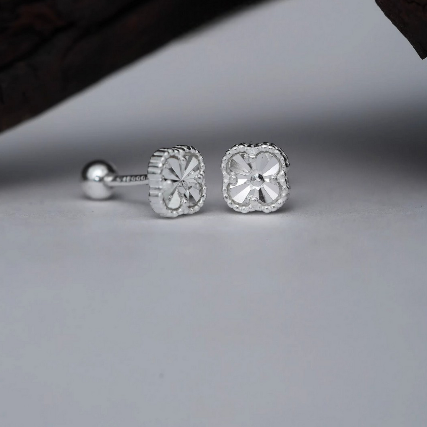 S999 Pure Silver Four-Leaf Clover Screw Back Earrings