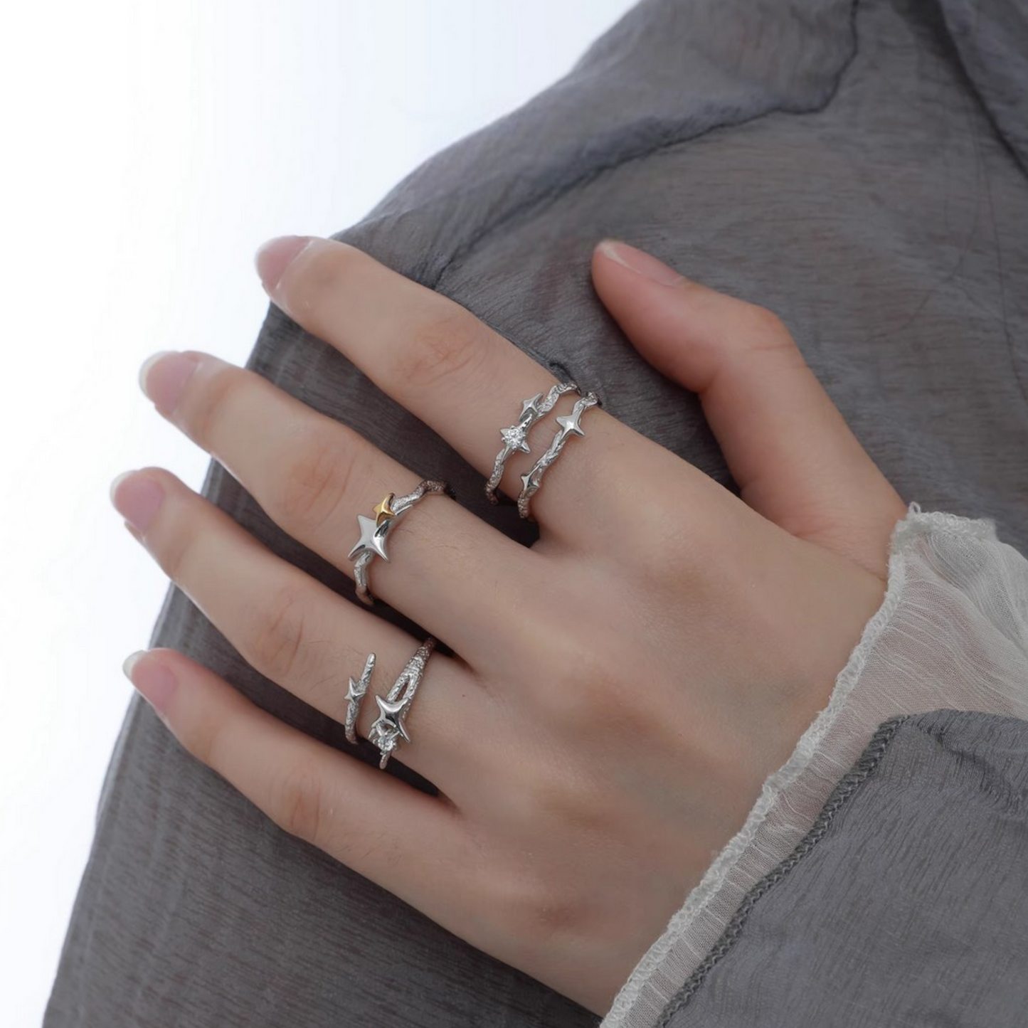 s925 Sterling Silver Starlight Star Make a Wish Stacking Ring