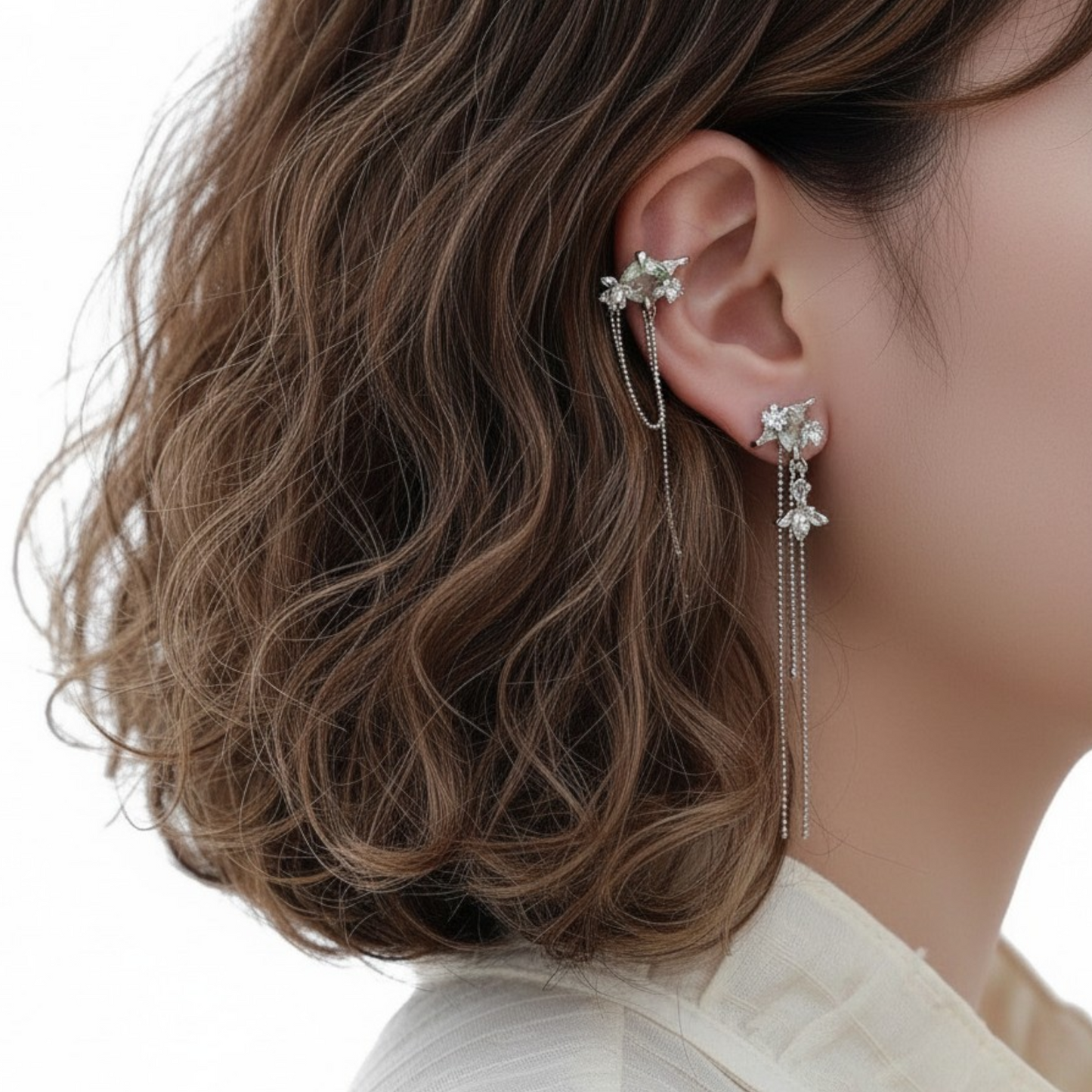 S925 Sterling Silver Jasmine Ear Clip Tassel Earrings Cuff
