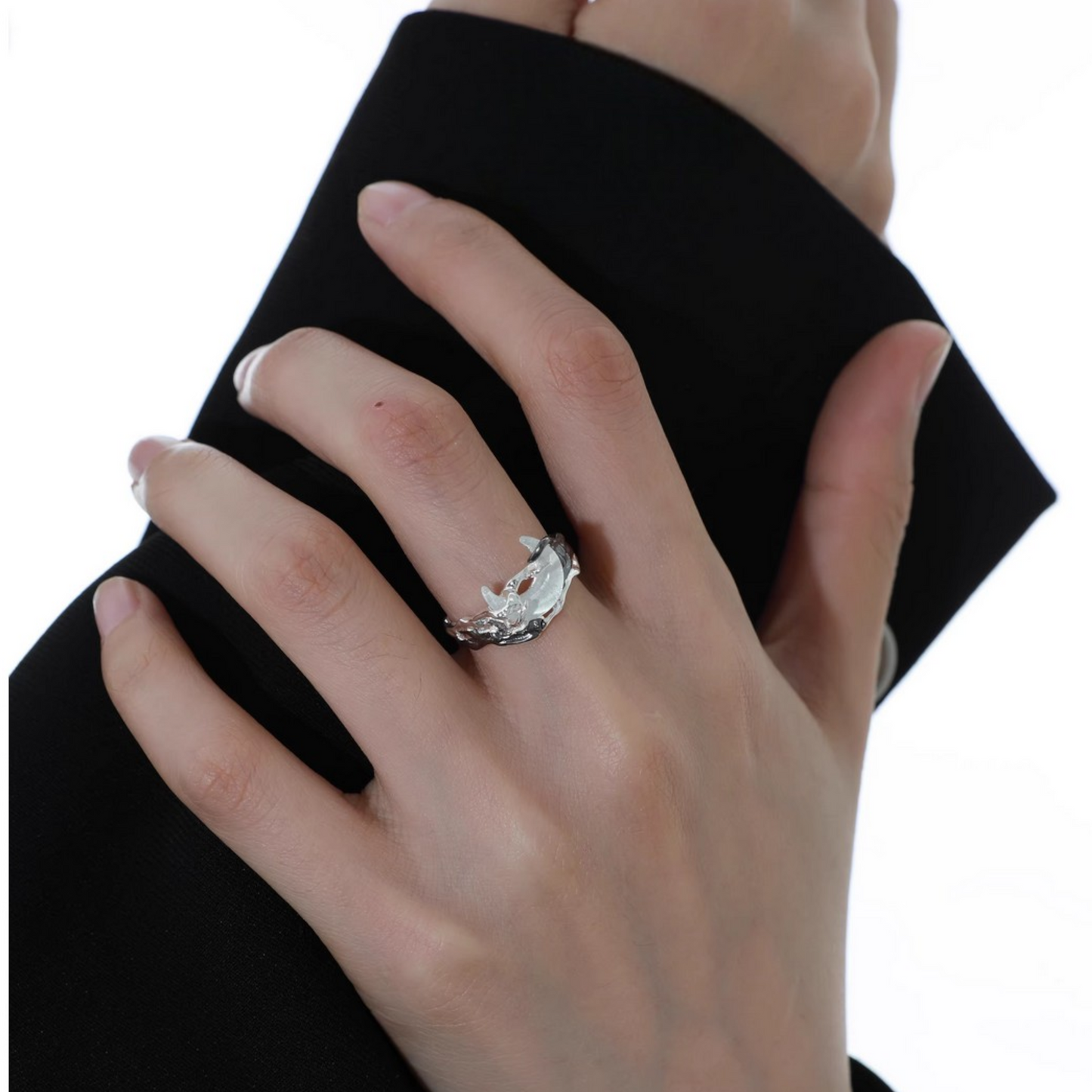 s925 Sterling Silver Minimalist Black White Moon Sun Ring