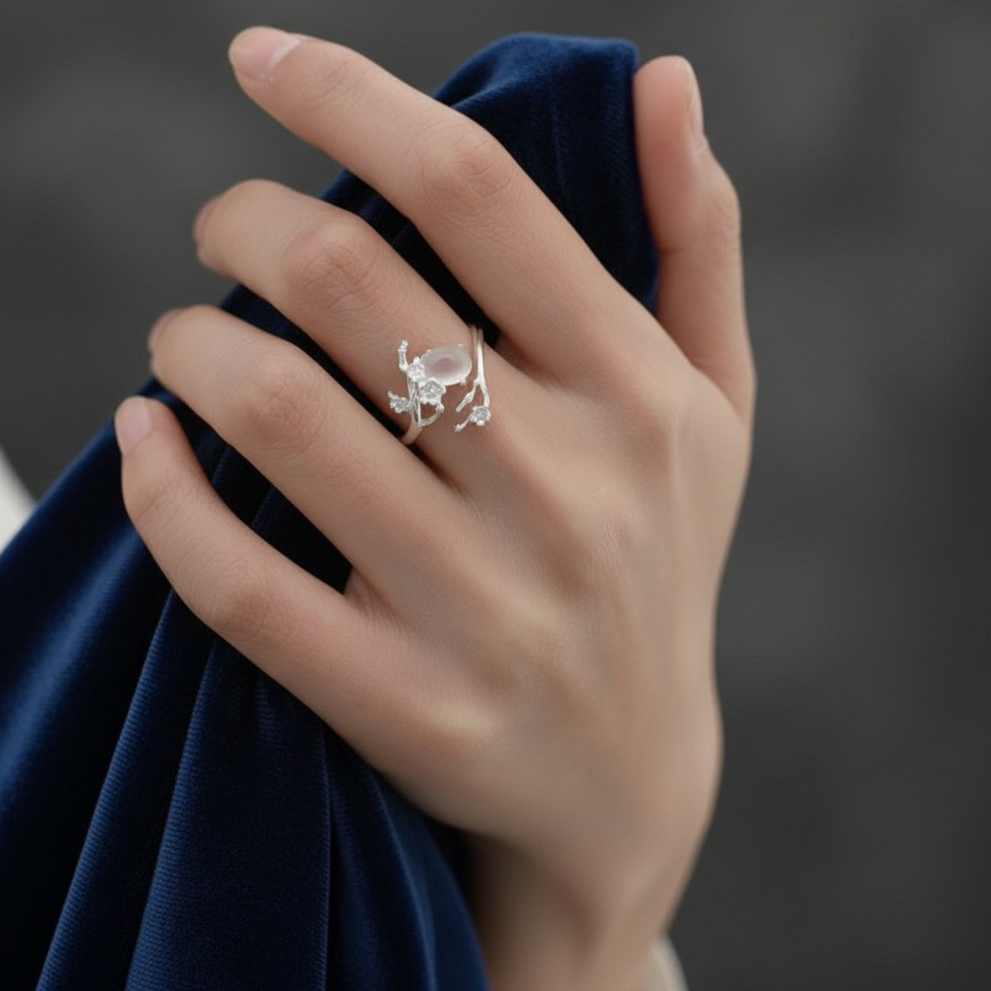 s925 Sterling Silver Minimalist White Agate Plum Blossom Flower Luxury Open Band Ring
