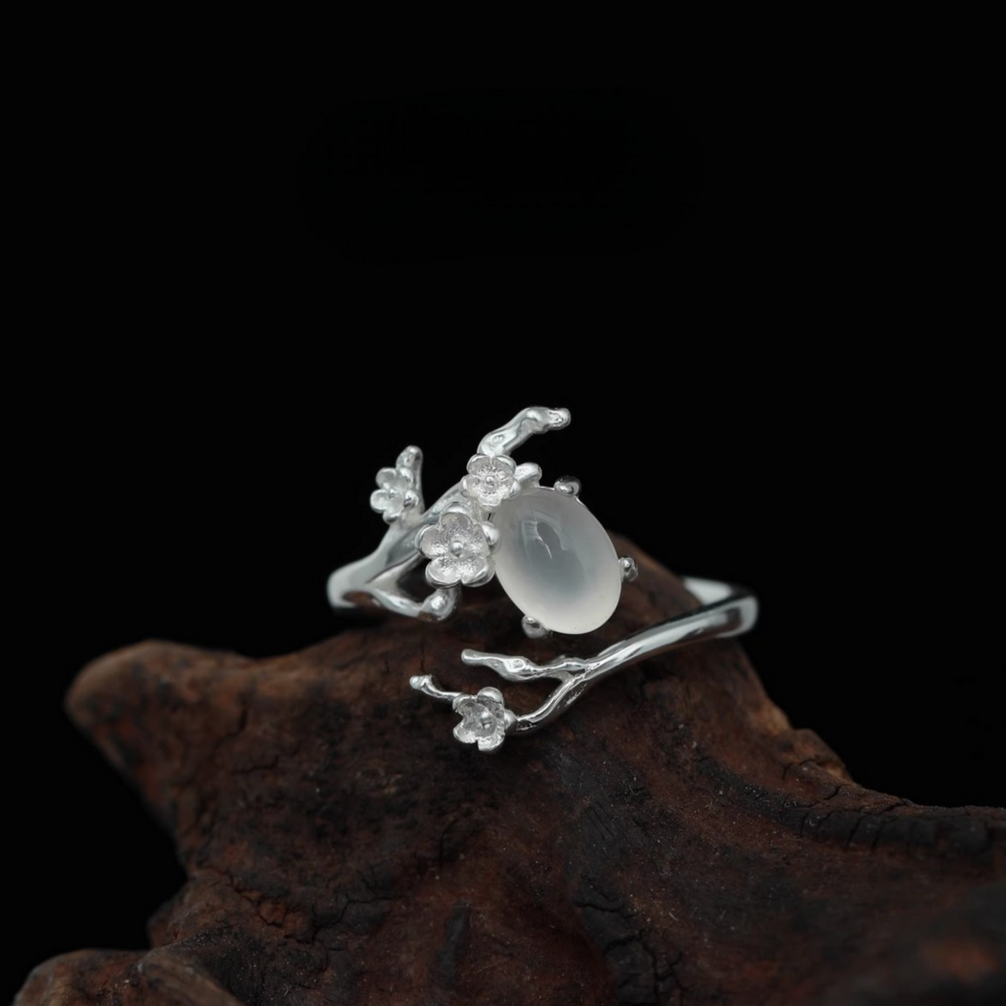 s925 Sterling Silver Minimalist White Agate Plum Blossom Flower Luxury Open Band Ring