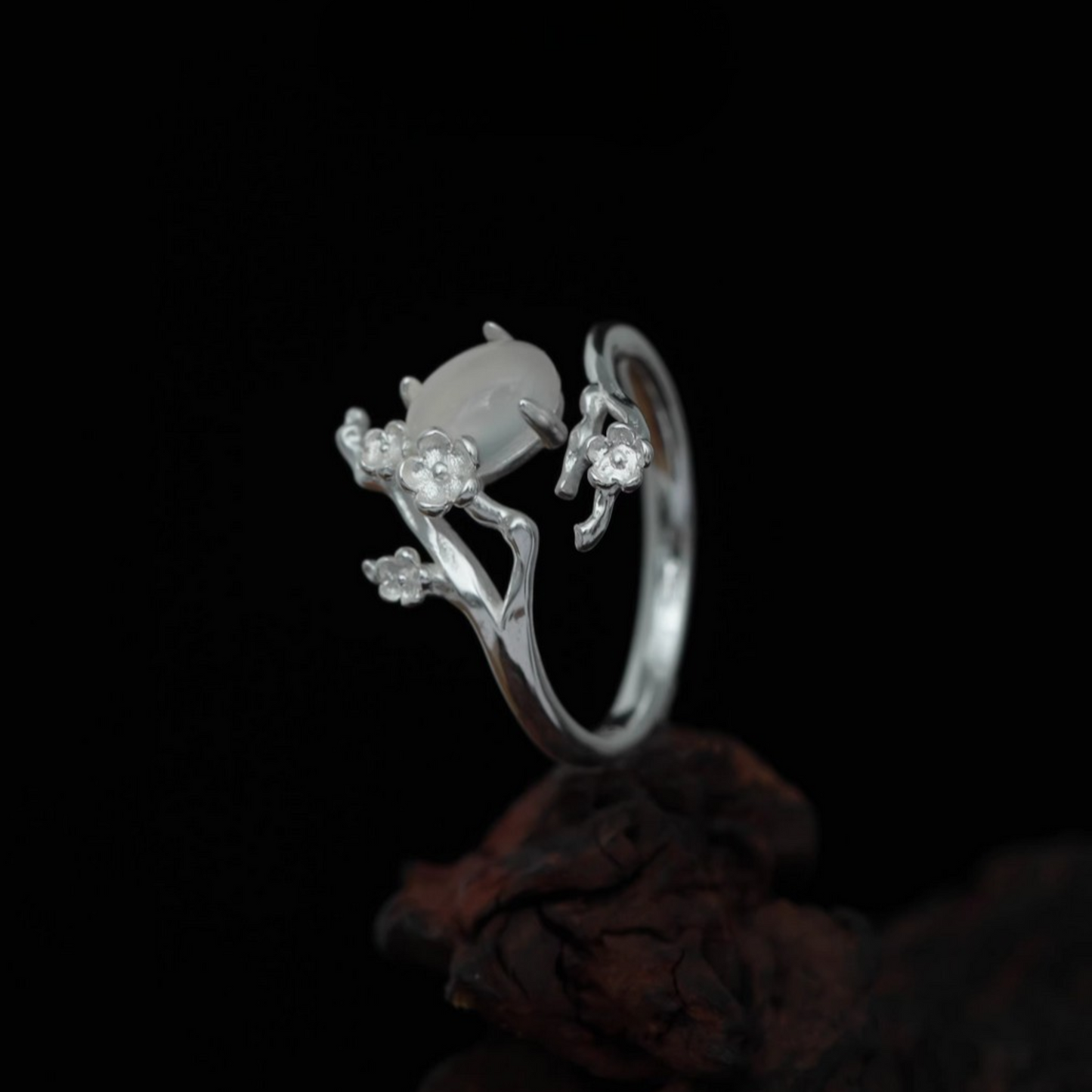 s925 Sterling Silver Minimalist White Agate Plum Blossom Flower Luxury Open Band Ring